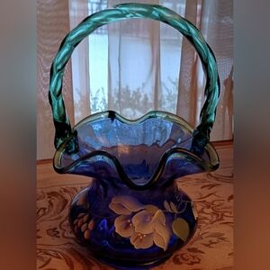 Fenton Cobalt Blue Glass Basket with Hand Painted Floral Design
